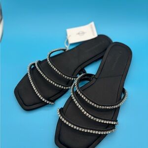 Black Rhinestone Strap Slide Sandals - Women